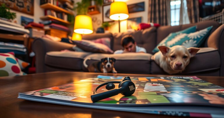 A vibrant, cluttered living room with a cozy couch, scattered cushions, and a warm glow from a nearby lamp. On a coffee table, a pair of sleek JBL earbuds gleams, partially hidden behind a colorful magazine. In the background, a person peeks under the couch, searching with a determined look, surrounded by playful pets.