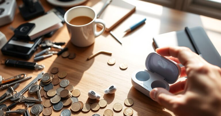 A cluttered tabletop filled with everyday items like keys, coins, and a coffee cup, with a pair of vibrant Samsung earbuds prominently displayed next to a sleek, open charging case. Soft natural light filters through a nearby window, casting gentle shadows, while a hand reaches out to grab the case, conveying urgency and discovery.