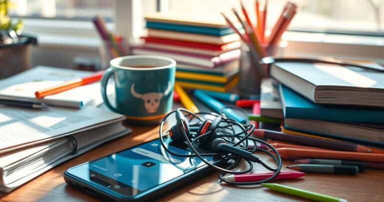 A vibrant, cluttered desk scene showcases a pair of stylish Skullcandy earbuds nestled among books, a coffee cup, and colorful stationery. Sunlight filters through a nearby window, casting playful shadows. A smartphone with a search app open lies beside the earbuds, emphasizing the quest for lost treasures in everyday chaos.