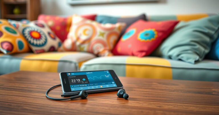 A cozy living room scene with a vibrant, colorful couch scattered with cushions, a modern coffee table cluttered with a smartphone displaying a tracking app, and a pair of sleek Sony earbuds peeking out from between the cushions, soft ambient light illuminating the area, conveying a sense of urgency and discovery.