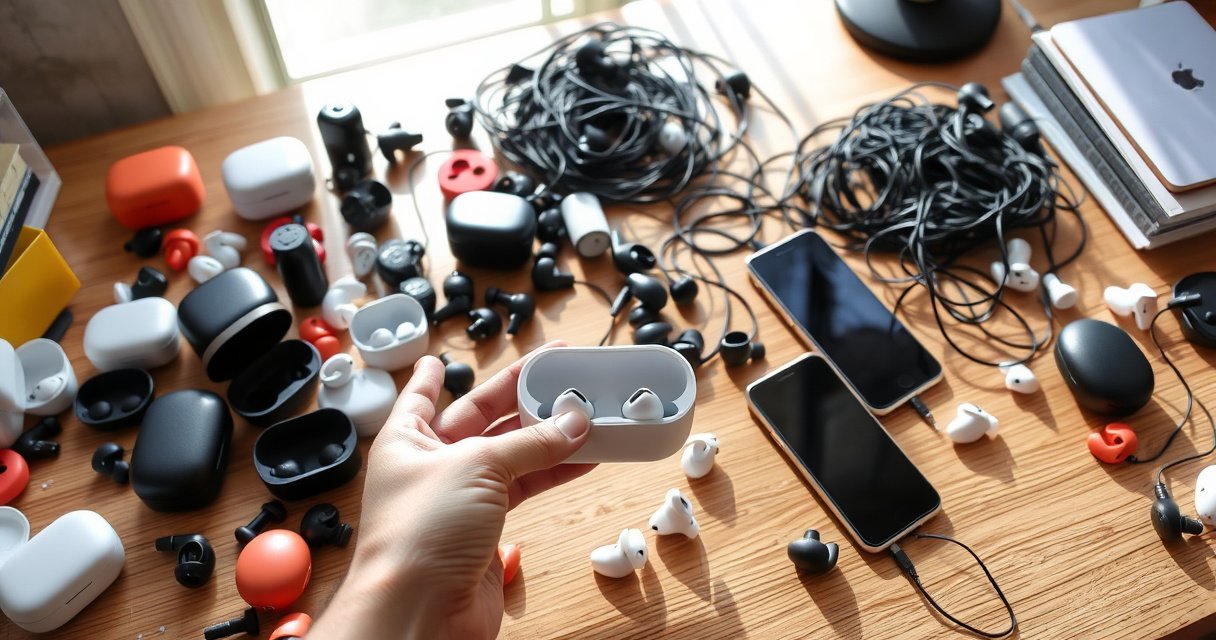 A cluttered desk scattered with various wireless earbuds and their cases, showcasing different colors and designs. Sunlight streams through a window, highlighting a sleek, modern case in the center. A hand reaches out to pick it up, while tangled charging cords and a smartphone lie in the background, adding to the organized chaos.