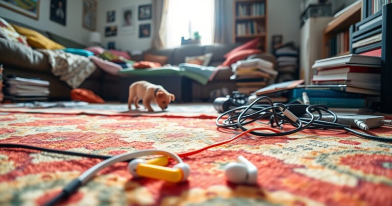 A cluttered living room with colorful cushions scattered on a couch, a coffee table covered in magazines, and a small, playful dog sniffing around. In the foreground, a pair of bright, lost earbuds lies on a vibrant patterned rug, surrounded by tangled charging cables and a hidden corner filled with books. Sunlight streams through a nearby window.