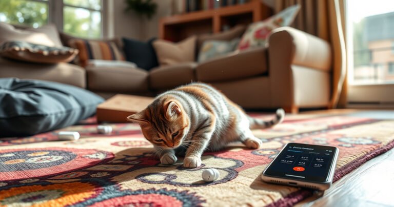 A cozy living room with scattered cushions, a vibrant rug, and a mischievous cat playfully pawing at a hidden earbud beneath the sofa. Sunlight streams through the window, illuminating tiny dust particles in the air, while a smartphone with a tracking app lies nearby, hinting at the modern quest to find the elusive missing earbud.