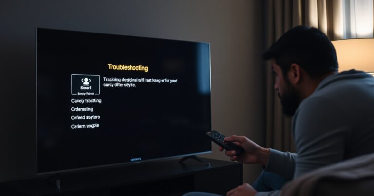 A close-up of a Samsung Smart TV displaying a glowing troubleshooting menu against a darkened living room. The TV screen contrasts sharply with the muted colors of the furniture, while a concerned user, with a remote in hand, leans forward in curiosity. Soft light from a nearby lamp casts gentle shadows, emphasizing the moment of problem-solving.