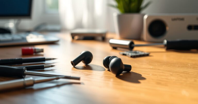 A close-up of a pair of sleek Bluetooth earbuds on a wooden table, one earbud glowing faintly while the other lies lifeless, surrounded by scattered tools like a tiny screwdriver and a circuit board. Soft light streams in from a nearby window, casting gentle shadows that hint at a tech-savvy workspace.