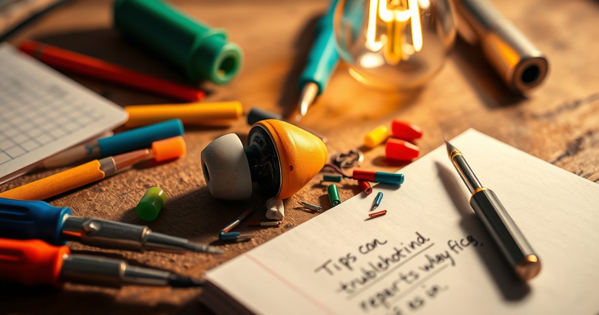 A close-up of a vibrant, disassembled earbud surrounded by colorful tools like tiny screwdrivers and wire strippers, set against a wooden workbench. A light bulb illuminates the scene, casting warm shadows, while a notepad with handwritten troubleshooting tips lies nearby, creating an inviting atmosphere that inspires DIY repair creativity.