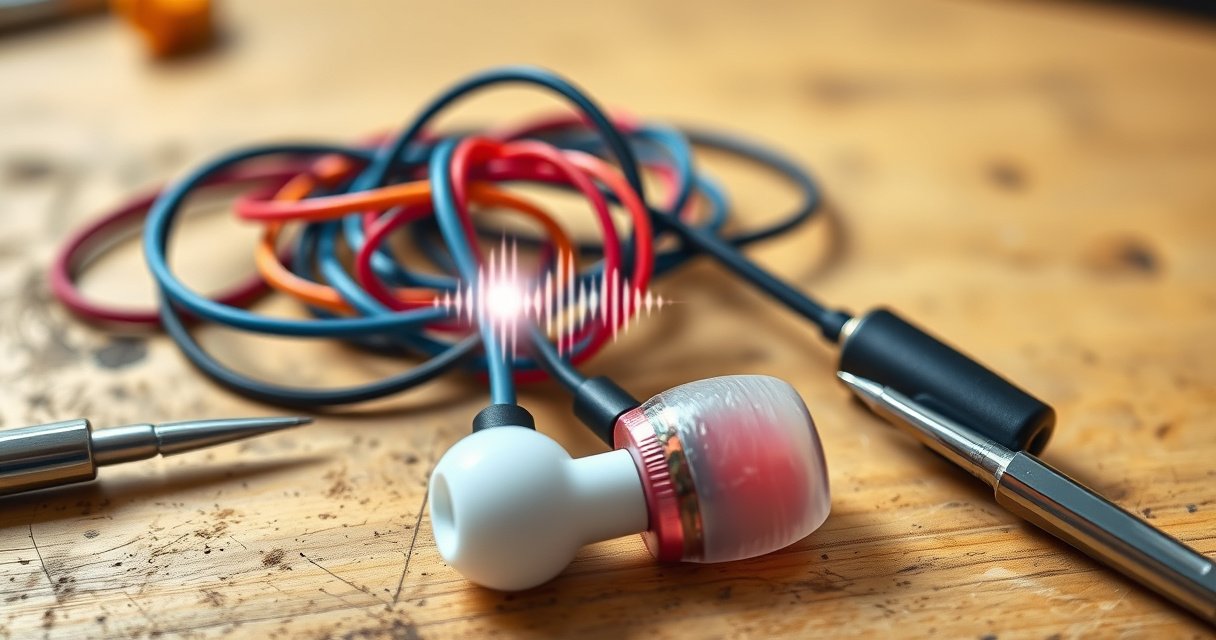 A close-up of a pair of colorful, tangled earbuds lying on a wooden workbench, surrounded by tiny tools like a screwdriver and tweezers. One earbud is shining, showcasing a bright sound wave emanating from it, while the other is dull and silent, evoking a sense of repair and transformation.