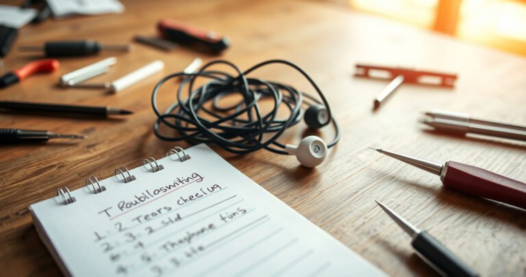A close-up of a pair of tangled earphones on a wooden table, surrounded by scattered small tools like a screwdriver and tweezers. A notepad with handwritten troubleshooting steps lies beside them, illuminated by soft morning light filtering through a window, creating a cozy, DIY atmosphere.