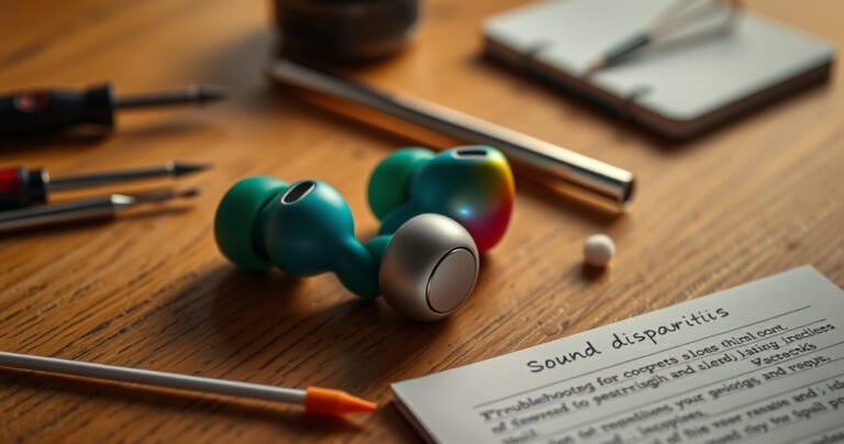 A close-up of a pair of colorful wireless earbuds resting on a wooden table, with one earbud glowing softly to signify sound disparity. Surrounding them are scattered tools like a tiny screwdriver, cotton swabs, and a notepad filled with troubleshooting tips, all bathed in warm, inviting light, evoking a sense of DIY repair.