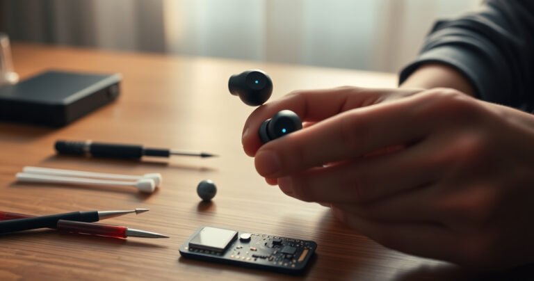 A close-up of a person's hands delicately examining a pair of sleek wireless earbuds, one side glowing faintly while the other remains dark. Surrounding them are tools like a tiny screwdriver, cotton swabs, and a circuit board, all on a wooden table. Soft, warm light filters through, creating an inviting, problem-solving atmosphere.
