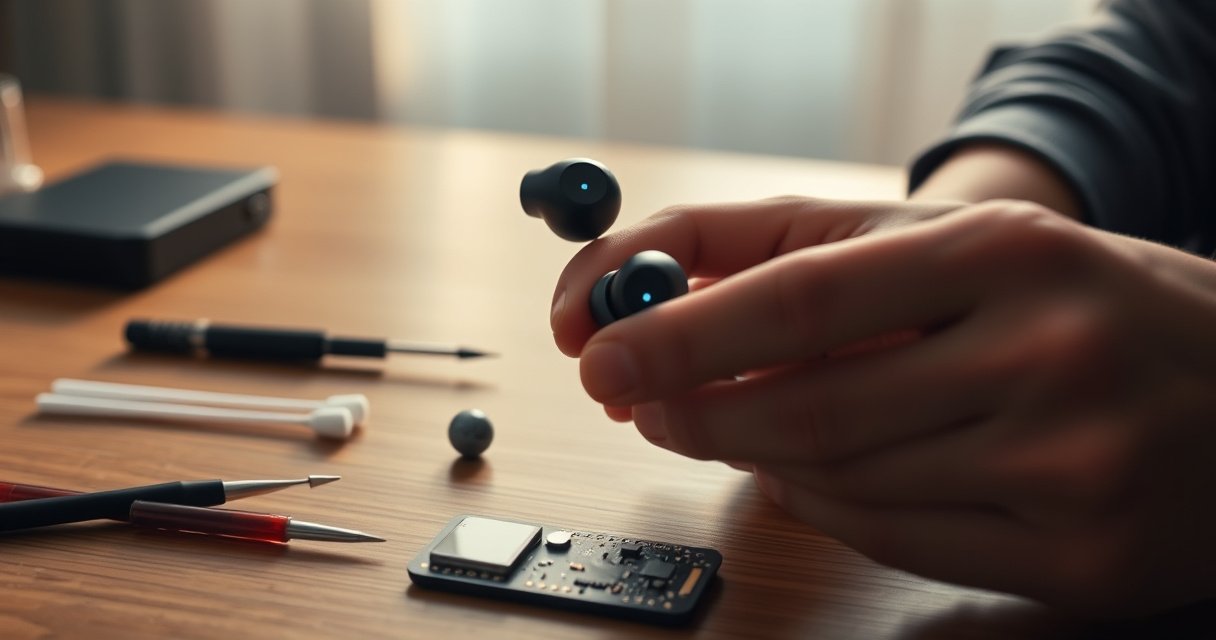 A close-up of a person's hands delicately examining a pair of sleek wireless earbuds, one side glowing faintly while the other remains dark. Surrounding them are tools like a tiny screwdriver, cotton swabs, and a circuit board, all on a wooden table. Soft, warm light filters through, creating an inviting, problem-solving atmosphere.