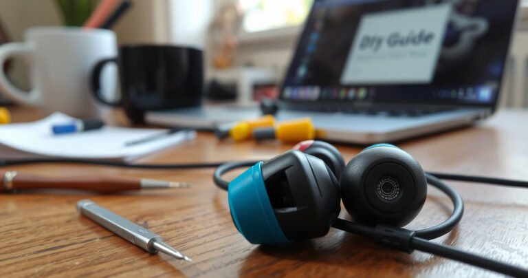 A close-up of a pair of colorful earphones lying on a wooden table, surrounded by small tools like tweezers and a screwdriver. In the background, a blurred laptop screen displays a repair guide, while scattered notes and a cup of coffee add a cozy, DIY atmosphere. Natural light highlights the intricate details of the earphones.