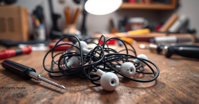 A close-up of a pair of tangled earphones on a wooden workbench, surrounded by small tools like a screwdriver and wire cutters. The background features a cozy workspace with a soft glow from an overhead lamp, emphasizing the intricate details of the earphones and the focus on DIY repair.