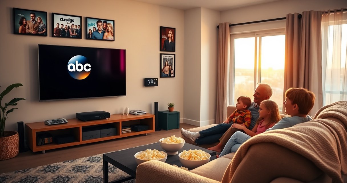 A cozy living room with a sleek Smart TV displaying the ABC logo, a family gathered on a plush sofa, popcorn bowls on the coffee table, warm lighting creating an inviting atmosphere, wall art depicting classic TV shows, a soft blanket draped over the couch, and a window revealing a sunset glow outside.