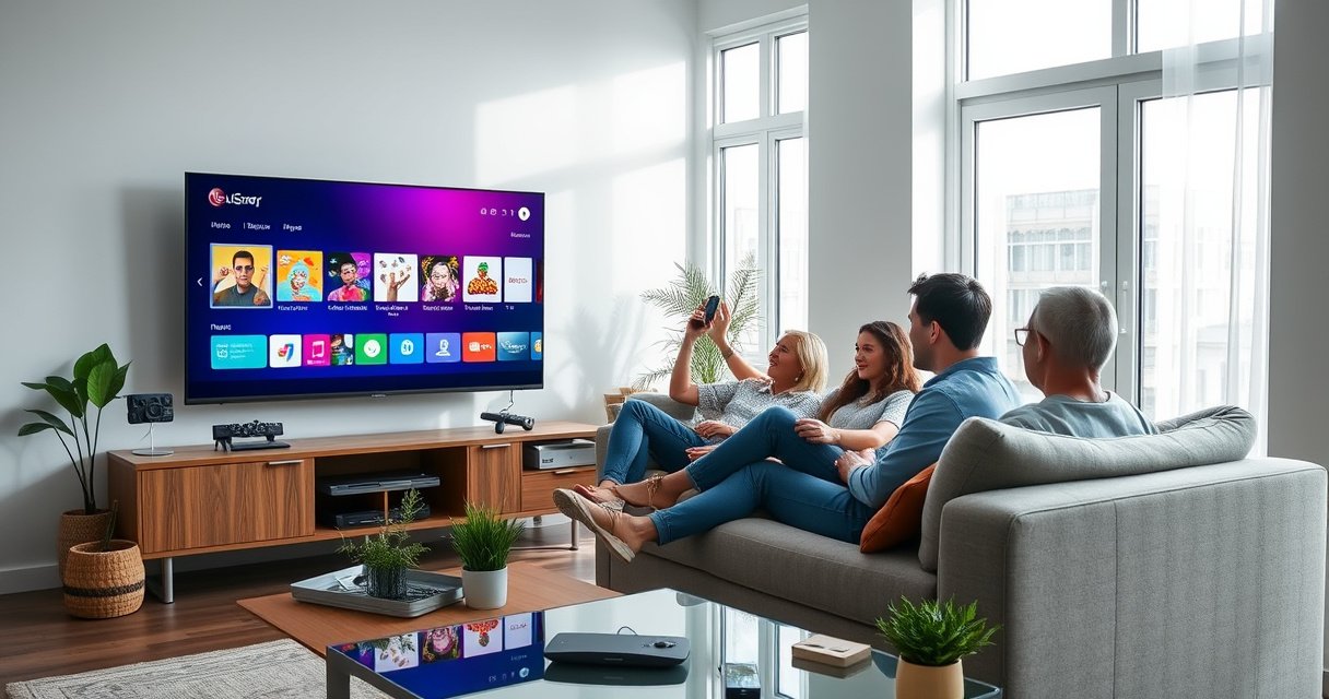 A modern living room featuring a sleek LG Smart TV displaying a colorful app store interface, with a family lounging on a cozy couch, engaged and excited. Bright light streaming in through large windows, showcasing a stylish decor of plants, tech gadgets, and a remote control on the coffee table, creating a warm, inviting atmosphere.