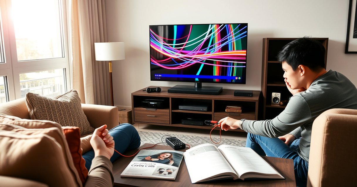A modern living room featuring a sleek smart TV displaying a vibrant cable channel, surrounded by cozy furniture. A user effortlessly connects devices with colorful cables, while an open guidebook rests on a coffee table. Sunlight streams through a window, illuminating a warm, inviting atmosphere that highlights the simplicity of setting up cable.