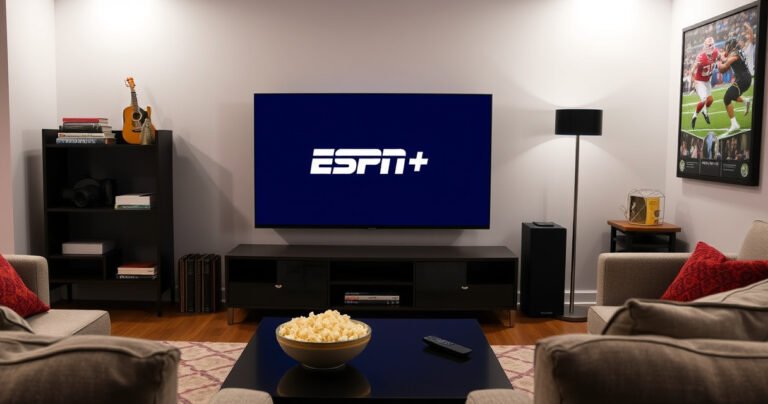 A modern living room with a sleek smart TV displaying the ESPN+ logo, surrounded by cozy furniture, a bowl of popcorn on the coffee table, and a remote control nearby. Bright lighting highlights the excitement of sports streaming, while a vibrant sports poster decorates the wall, creating an inviting atmosphere for streaming enthusiasts.