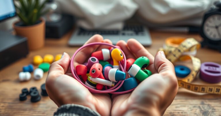 A close-up of colorful earbuds nestled in a pair of hands, surrounded by various accessories like foam tips, silicone covers, and a measuring tape. Soft ambient light highlights the textures, with a blurred backdrop of a cozy workspace, emphasizing the theme of personalized comfort and fit for everyday listening.