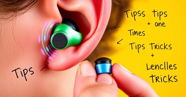 A close-up of colorful, stylish earbuds nestled in a pair of ears, with vibrant soundwaves visually emanating around them, set against a bright, cheerful background. A hand holds a small, innovative ear tip accessory, showcasing a creative solution, while scattered tips and tricks appear in playful, handwritten text around the scene.