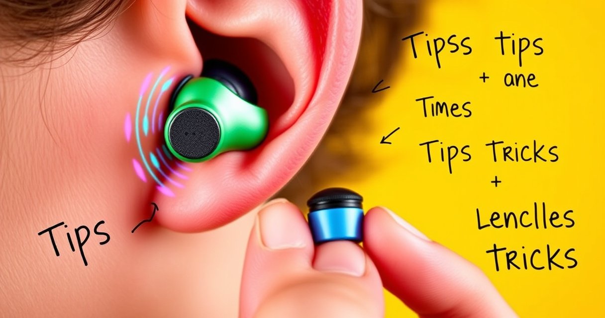 A close-up of colorful, stylish earbuds nestled in a pair of ears, with vibrant soundwaves visually emanating around them, set against a bright, cheerful background. A hand holds a small, innovative ear tip accessory, showcasing a creative solution, while scattered tips and tricks appear in playful, handwritten text around the scene.