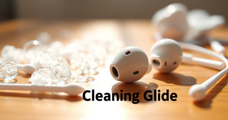 A close-up of a pristine pair of earbuds resting on a wooden table, surrounded by gentle bubbles and soft cotton swabs. Bright, natural light shines down, highlighting the delicate texture of the earbuds and the glossy sheen of the bubbles, creating a serene and inviting atmosphere for a cleaning guide.