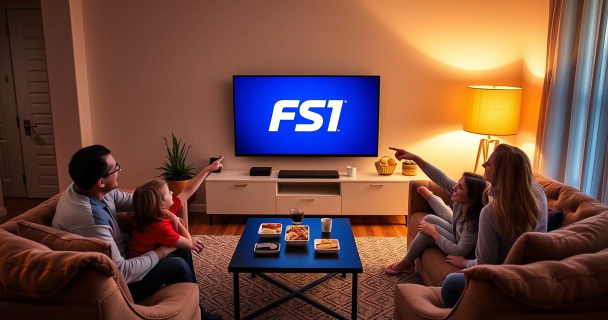 A cozy living room with a sleek smart TV displaying the FS1 logo, surrounded by plush sofas and snacks on a coffee table. A family is gathered, excitedly pointing at the screen, with a warm glow from a nearby lamp casting a welcoming atmosphere, showcasing the joy of easy entertainment setup.