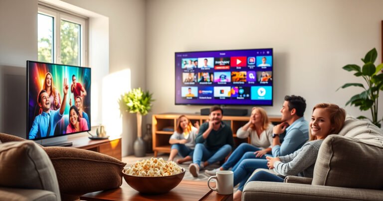 A cozy living room with a sleek smart TV displaying colorful cable channels, surrounded by a plush sofa, popcorn bowl, and a steaming mug of coffee. Sunlight streams through a window, illuminating a joyful family gathered together, engrossed in a fun movie night, with cable connections and devices subtly showcased in the background.
