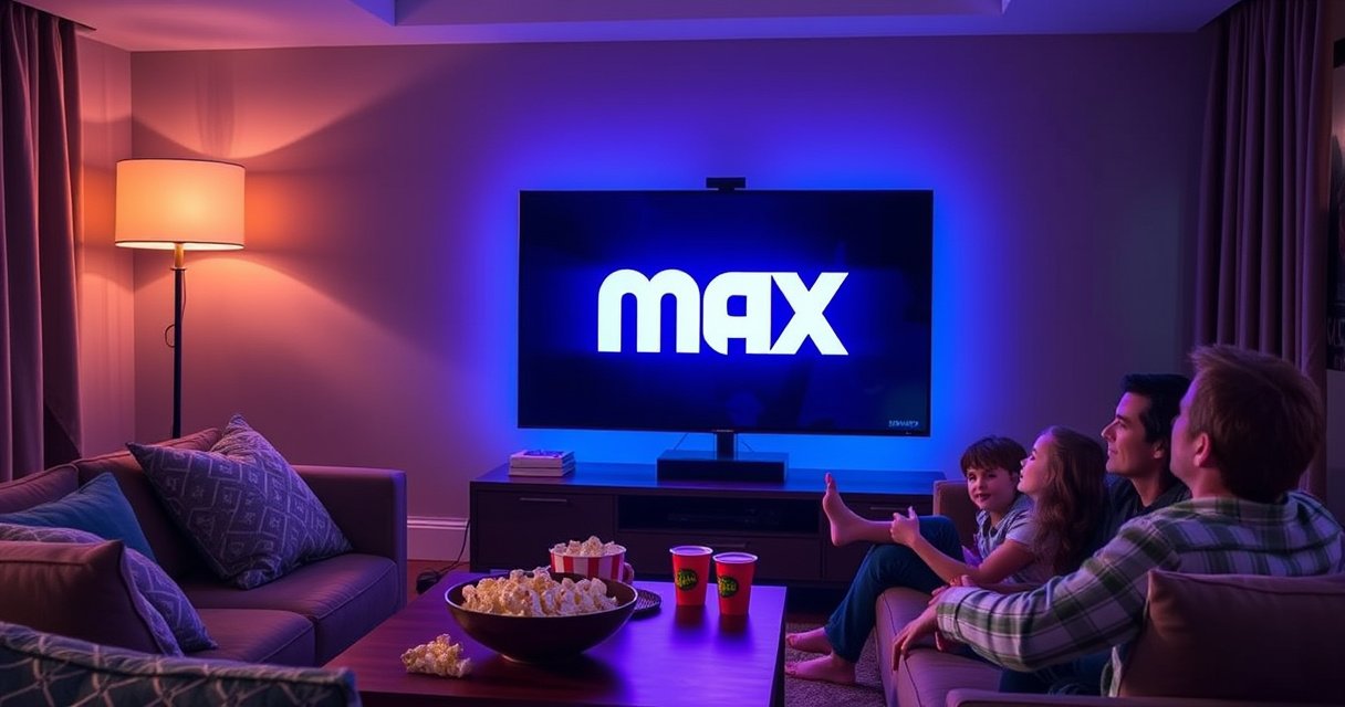 A cozy living room featuring a sleek Samsung Smart TV displaying the vibrant HBO Max logo, surrounded by plush cushions and a stylish coffee table with popcorn and drinks. Soft ambient lighting casts a warm glow, while a family relaxes on the couch, eagerly enjoying their favorite show. A sense of excitement and anticipation fills the air.