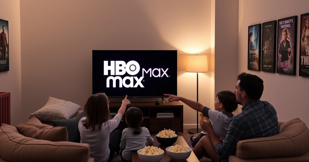 A cozy living room scene featuring a sleek smart TV displaying the HBO Max logo, surrounded by soft cushions and a warm glow from a nearby lamp. A family sits together, excitedly pointing at the screen, with popcorn bowls on a coffee table. The walls are adorned with movie posters, creating an inviting atmosphere for streaming entertainment.