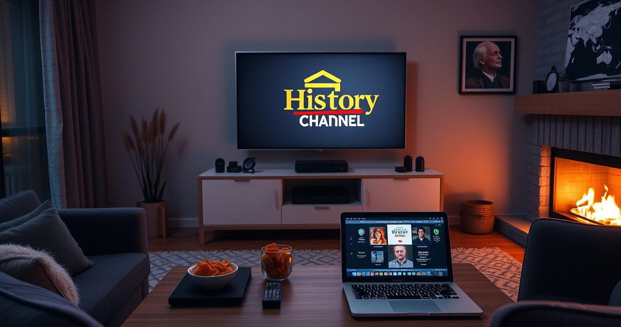 A cozy living room with a sleek smart TV displaying the History Channel logo, surrounded by modern decor, a comfy couch, and a warm fireplace. Soft lighting illuminates a coffee table with remote controls, snacks, and a laptop open to streaming instructions, inviting viewers into a world of captivating history.