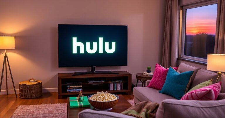 A cozy living room featuring a sleek Samsung Smart TV displaying the vibrant Hulu logo. The room is softly lit, with a plush sofa adorned with colorful cushions, a bowl of popcorn on a wooden coffee table, and a warm ambiance from a nearby lamp. A window shows a sunset, hinting at a relaxing movie night.