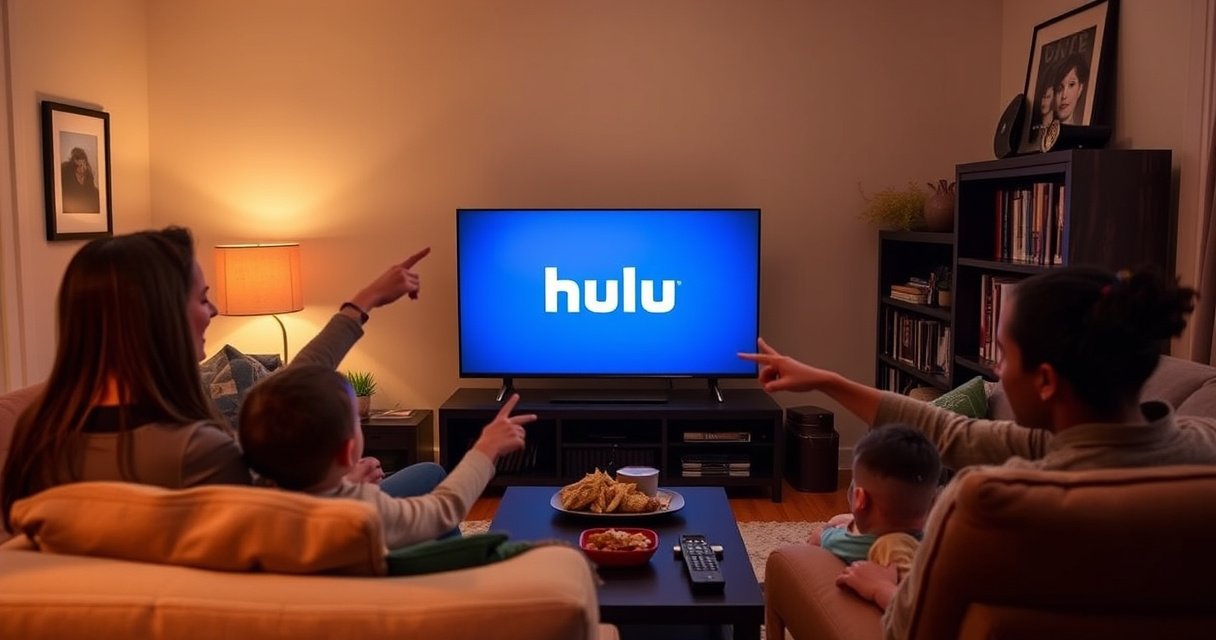 A cozy living room featuring a sleek smart TV displaying the Hulu logo, surrounded by comfortable sofas and a warm, inviting atmosphere. A family is gathered, eagerly pointing at the screen while holding snacks, with soft lighting highlighting a nearby bookshelf filled with DVDs and a remote control resting on the coffee table.