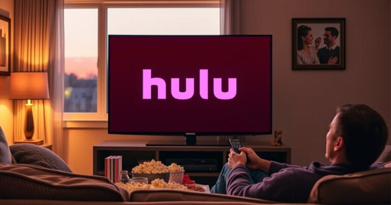 A sleek Samsung Smart TV displaying the vibrant Hulu logo, set in a cozy living room with warm lighting. A person sits comfortably on a plush sofa, remote in hand, surrounded by popcorn and snacks, while a window reveals a sunset outside. The atmosphere is inviting and tech-savvy, showcasing the ease of streaming.