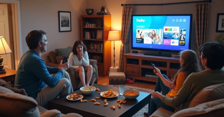 A cozy living room with a vintage non-smart TV, surrounded by comfortable furniture and soft lighting. A family eagerly gathers around, remote in hand, as a colorful Hulu interface glows on the screen. Snacks scattered on the coffee table, a warm atmosphere of excitement and togetherness, showcasing technology bridging the gap between old and new.