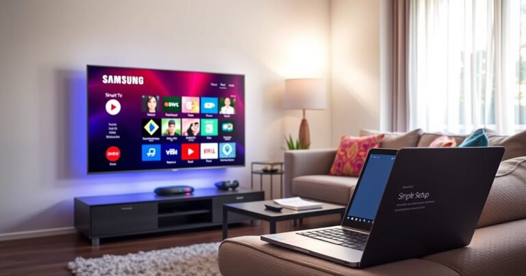 A sleek Samsung Smart TV glowing in a modern living room, with vibrant streaming icons on the screen, a cozy sofa adorned with colorful cushions, and a laptop open nearby, showcasing a simple setup guide. Sunlight streams through a window, illuminating the scene, while a remote control rests invitingly on the coffee table.