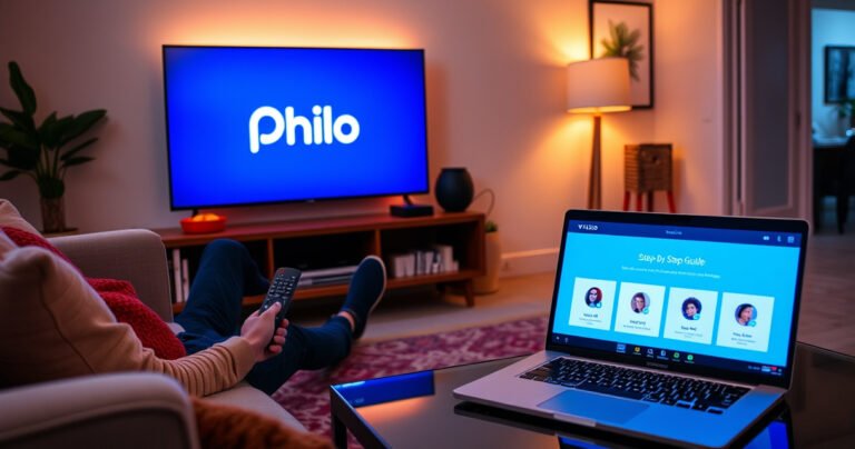 A cozy living room with a sleek Vizio Smart TV displaying the Philo logo. A person sitting on a comfortable couch, remote in hand, surrounded by snacks and warm lighting. A laptop on a coffee table shows a step-by-step guide. Modern decor with pops of color, inviting atmosphere for a perfect movie night.