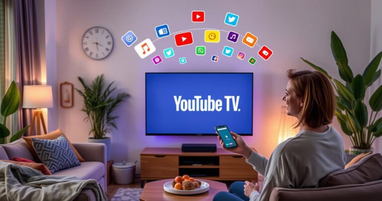 A cozy living room with a modern smart TV displaying the YouTube TV logo, surrounded by comfortable furniture, vibrant plants, and soft ambient lighting. A person is joyfully connecting their smartphone to the TV, with colorful streaming icons floating above. The atmosphere conveys excitement and ease, inviting viewers to explore the setup process.