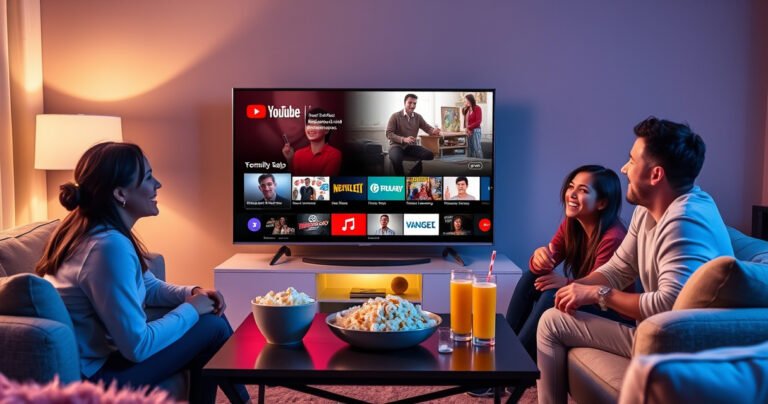 A sleek Samsung Smart TV displaying the vibrant YouTube interface, surrounded by a cozy living room setting with plush furniture, soft ambient lighting, and a family laughing together, with popcorn and drinks on a stylish coffee table, showcasing a warm and inviting atmosphere that encourages family entertainment.