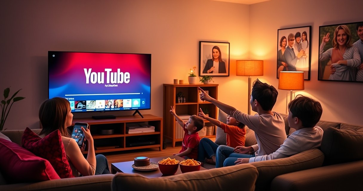 A cozy living room with a modern smart TV prominently displaying the YouTube logo, surrounded by a comfortable sofa, vibrant throw pillows, and a coffee table with snacks. Soft ambient lighting enhances the inviting atmosphere, while a family gathers excitedly, pointing at the screen, ready to explore endless entertainment together.