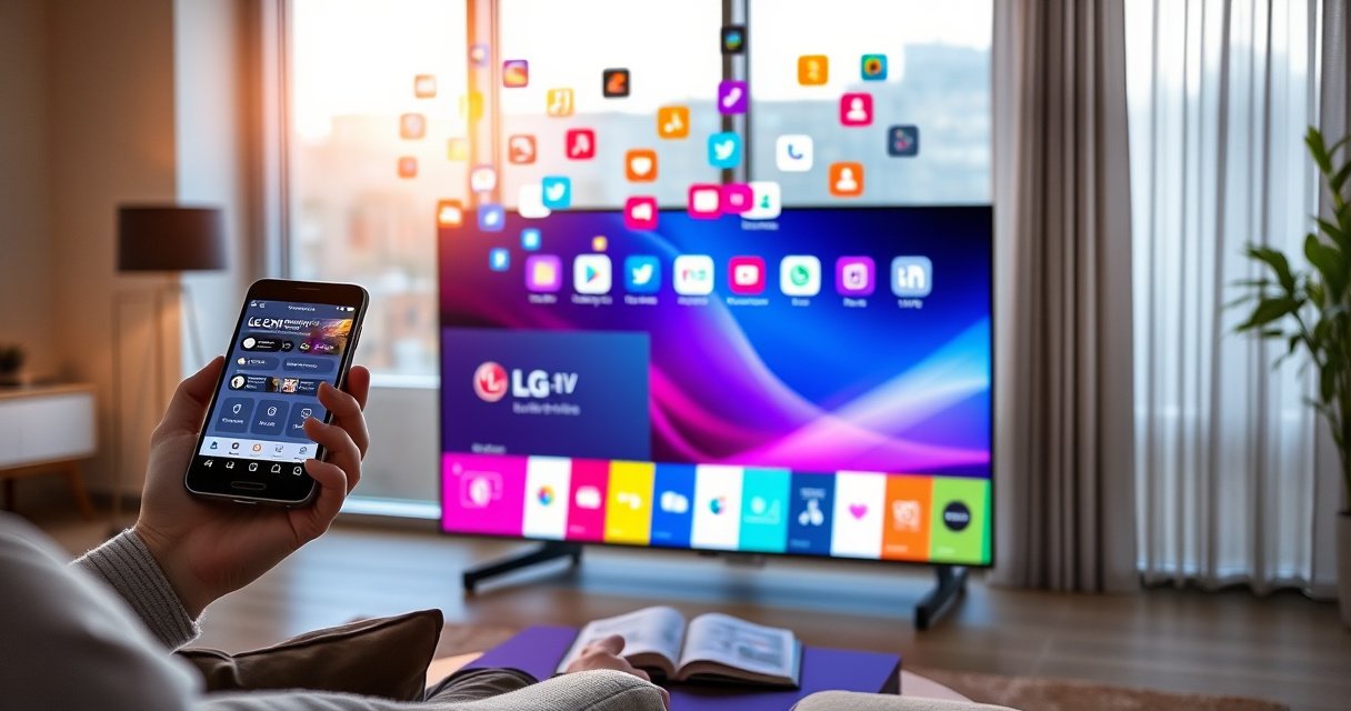 A sleek LG Smart TV glowing in a modern living room, vibrant app icons floating above its screen, a person holding a smartphone with the LG app store open, colorful light streaming in through large windows, a cozy sofa with a remote control on the armrest, and a digital guidebook on the coffee table.