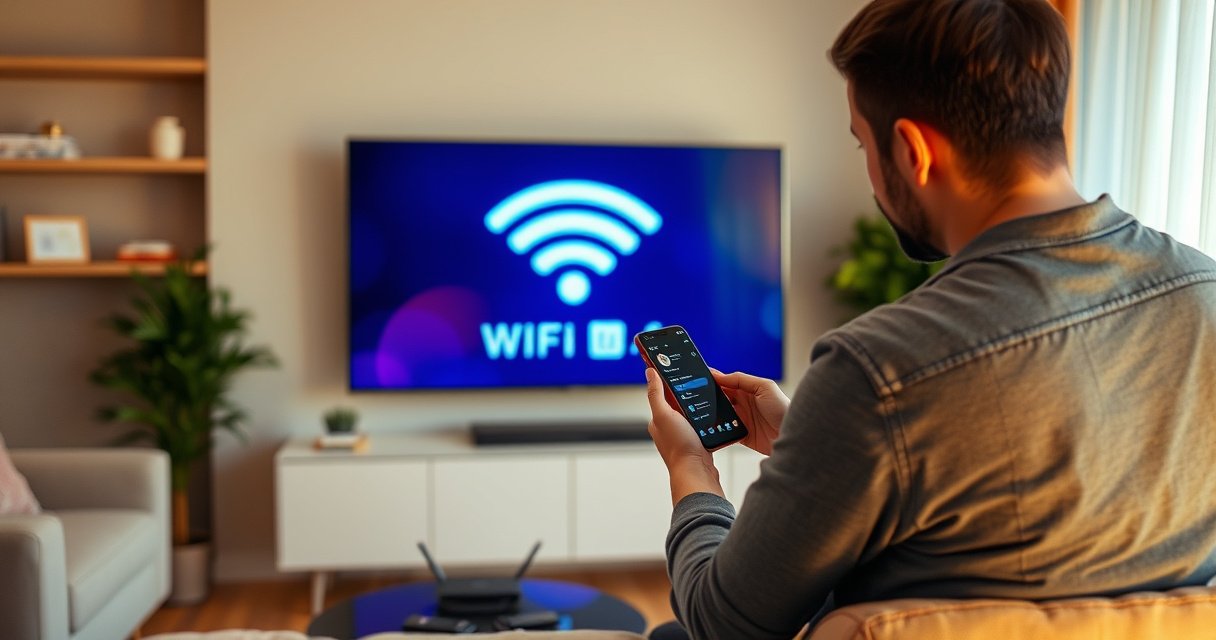A cozy living room with a sleek smart TV displaying a vibrant WiFi connectivity screen, surrounded by a warm ambiance of soft lighting and comfortable furniture. A friendly family member is adjusting settings on a smartphone, with a router glowing in the background, symbolizing seamless technology integration in everyday life.