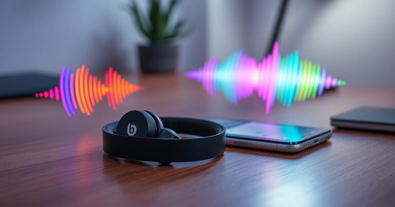 A sleek pair of Beats earbuds resting on a modern wooden desk, surrounded by vibrant sound waves emanating in colorful arcs, an open smartphone displaying Bluetooth settings, and subtle ambient lighting creating a tech-savvy atmosphere, conveying a sense of excitement and modern connectivity for music lovers.