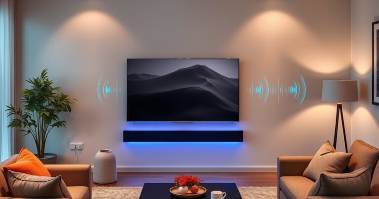 A sleek, modern living room featuring a Samsung Smart TV and a Samsung Soundbar elegantly positioned below it. Soft ambient lighting enhances the high-tech atmosphere, while sound waves visually emanate from the soundbar, illustrating rich audio quality. Cozy furniture and a hint of vibrant decor create an inviting space for ultimate entertainment.