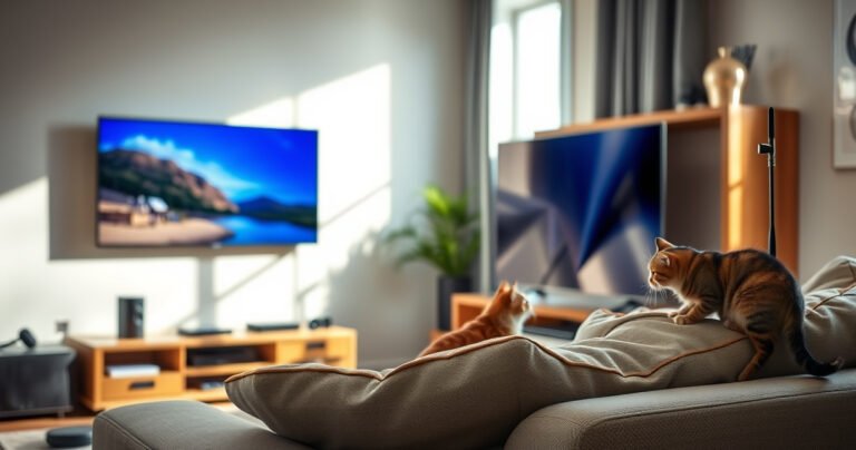A modern living room featuring a sleek smart TV displaying a vibrant, crystal-clear image, with a stylish antenna elegantly perched on a nearby shelf. Sunlight streams through a window, highlighting a cozy sofa and scattered tech gadgets, while a curious cat investigates the antenna, creating a warm and inviting atmosphere.