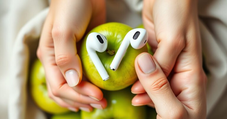 A close-up view of hands gently holding a pair of sleek, white Apple earbuds, with vibrant green apples and a soft fabric background. The earbuds are partially inserted into vibrant, fresh ears, symbolizing a seamless blend of technology and nature, illuminated by soft, natural light that highlights their glossy finish.