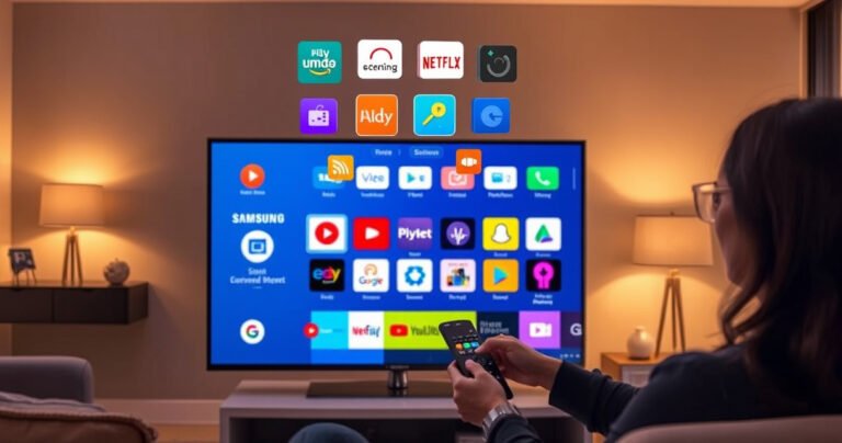 A sleek Samsung Smart TV displayed in a modern living room, showcasing vibrant app icons on the screen. A person, curious and engaged, holds a remote, surrounded by cozy furniture and warm lighting. A digital overlay of colorful 3rd party app logos floats above, hinting at the exciting possibilities of enhanced entertainment.