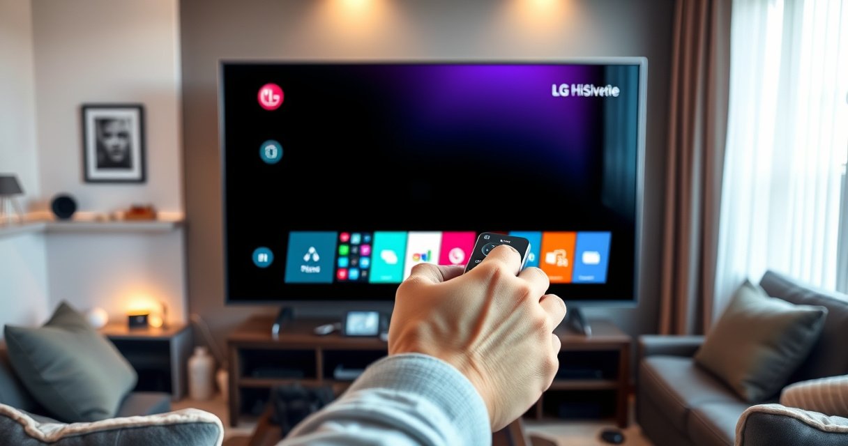 A sleek LG Smart TV displayed prominently against a modern living room backdrop, glowing with vibrant app icons on the screen. A hand gently navigates the interface using a remote, with a cozy ambiance featuring a plush sofa, warm lighting, and scattered tech gadgets, conveying ease and accessibility in installing applications.