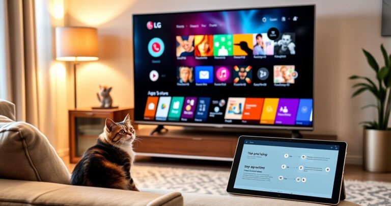 A sleek LG Smart TV displaying a vibrant app store interface, colorful app icons, and a user navigating with a remote. The living room is modern, with cozy furniture, soft lighting, and a curious cat watching. A computer tablet sits nearby, showing step-by-step instructions, blending technology with home comfort.