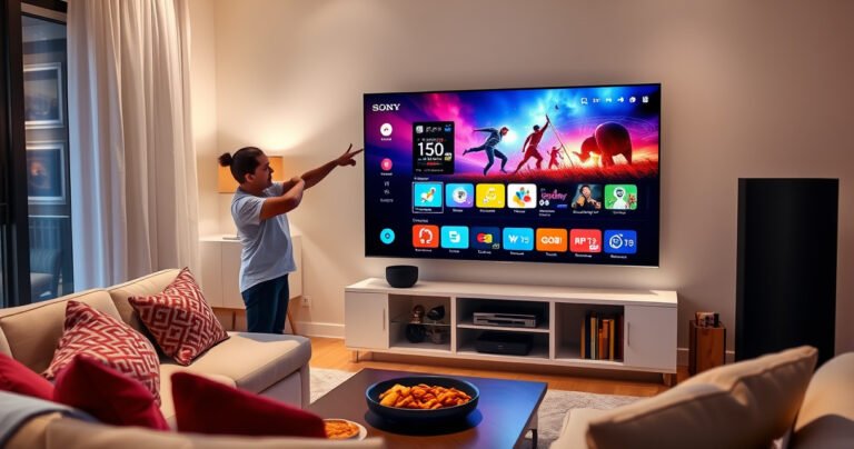 A sleek, modern living room showcasing a large Sony Smart TV displaying a vibrant app store interface. A person enthusiastically points at the screen, surrounded by a cozy atmosphere with soft lighting, colorful throw pillows, and a coffee table adorned with snacks. The scene conveys a sense of excitement and ease in technology.