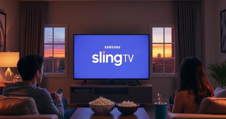 A cozy living room scene featuring a sleek Samsung Smart TV displaying the Sling TV logo, surrounded by a family enjoying a movie night. Soft ambient lighting, popcorn bowls on a coffee table, and a warm, inviting atmosphere, with a window revealing a sunset glow outside, creating a perfect setting for streaming entertainment.